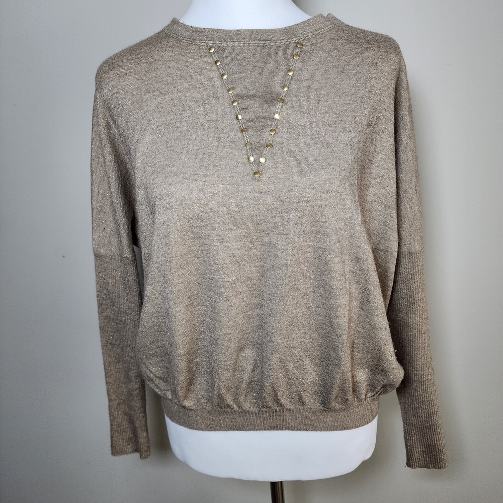 AUTUMN CASHMERE Sweater Womens XS Gold Tan Silk Cashmere Lurex Oversize Boxy Top